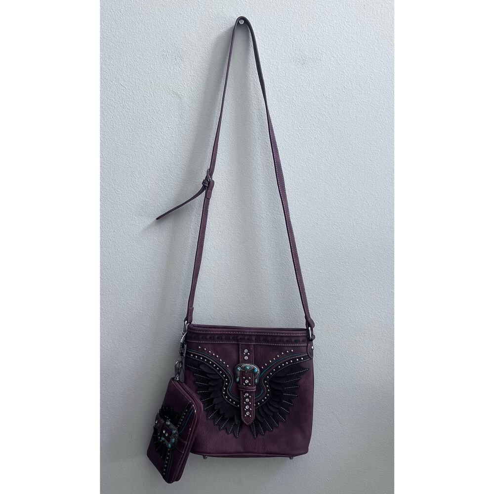 American Bling Wing Buckle Western Boho Crossbody and Wallet Set-Brown NWT